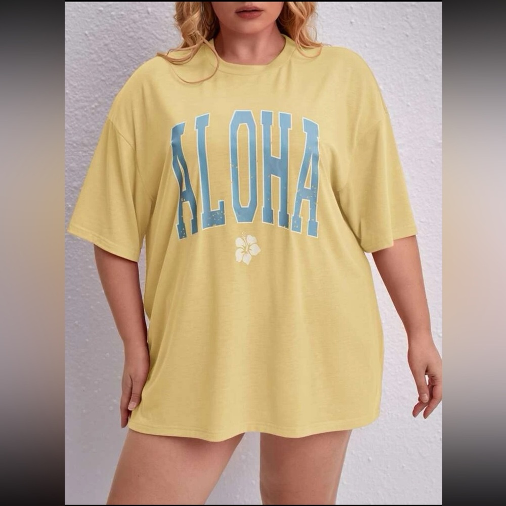 SHEIN yellow aloha t shirt